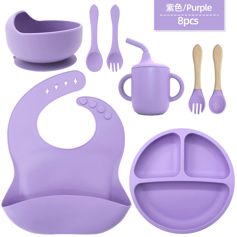 Juego de vajilla de silicona para niños, tazón de alimentos suplementarios, cuchara de silicona para bebé, tazón de silicona, vajilla de silicona, juego de ocho piezas de grado alimenticio