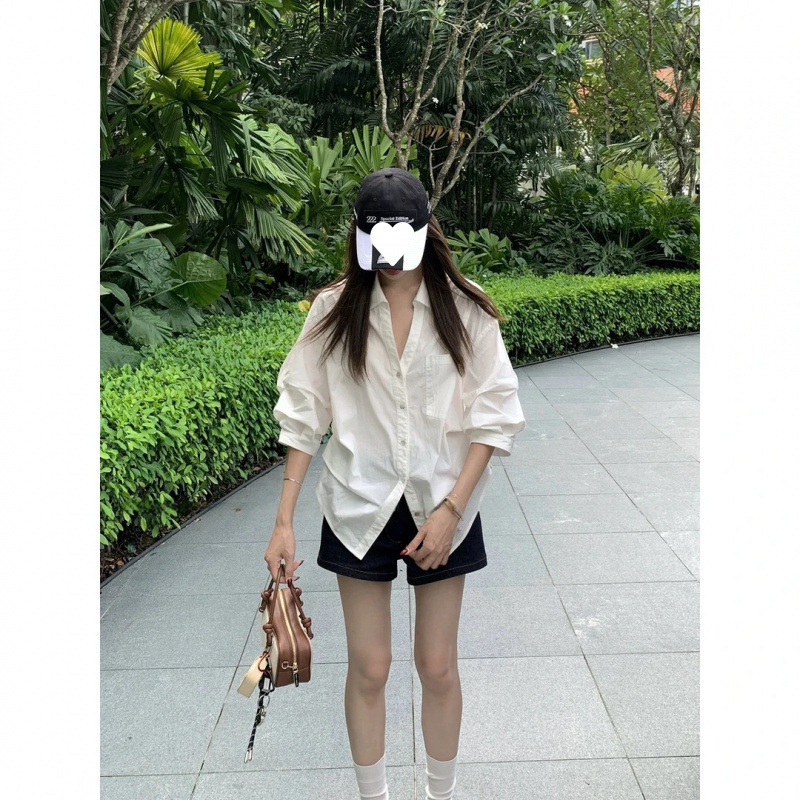 会凹造型的白衬衫秋季新款休闲百搭白色休闲翻领泡泡袖收腰衬衣|undefined