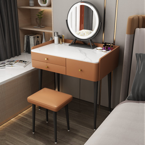 Modern minimalist luxury stone slab vanity table with mirror, makeup vanity with storage, integrated bedroom dressing table