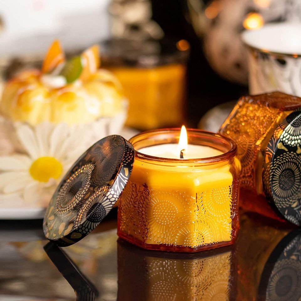 现货120ml八角蜡烛杯浮雕烛台杯大口香薰蜡烛杯彩色带盖玻璃容器