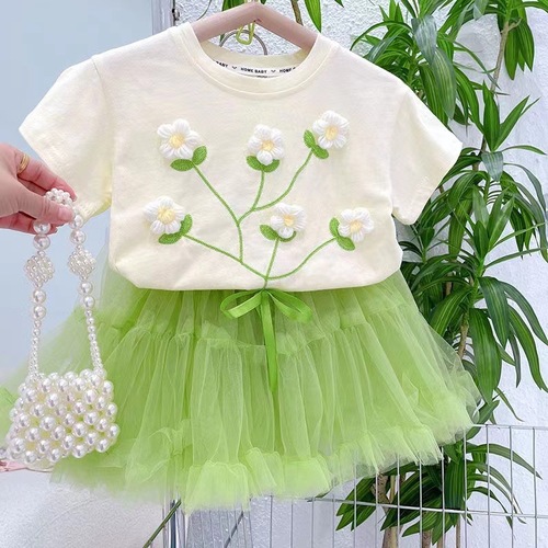 Girls' short-sleeved summer 2024 new baby girl cotton three-dimensional flower T-shirt children's trendy summer tops