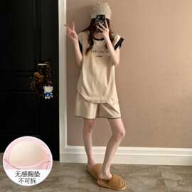 睡衣女士夏季纯棉纯棉简约休闲带胸垫可外穿休闲夏天套装家居服