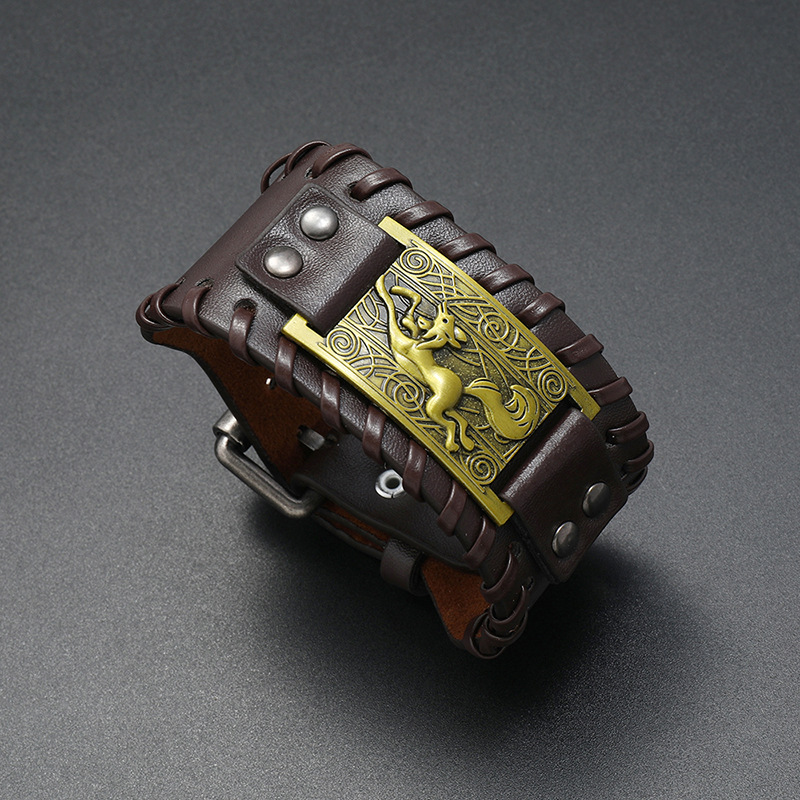 Simple retro Viking fox totem woven leather bracelet
