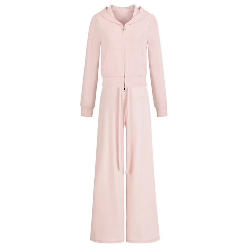 Casual Sports Suit Autum Hooded Zipper Slim Short Sweatshirt Jacket + Low Waist Drawstring Wide Leg Sweatpants for Women