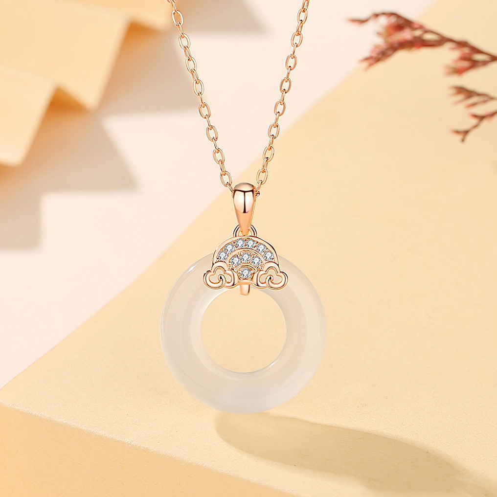 S925 plata blanco Jade hebilla de seguridad collar de las mujeres de moda nacional nuevo chino Rosa collar con diamante flor joyería al por mayor