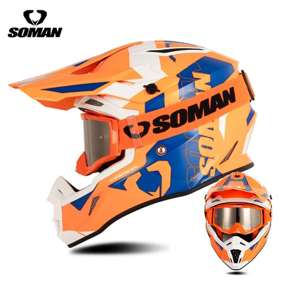 Motosiklet kaskı (dəbilqə) — Motorcycle Off-Road Helmet, Men's Electric - orange-and-blue-hurricane-with-orange-goggles-s