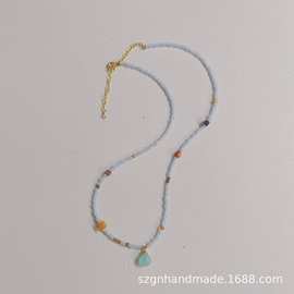 小清新天然石小众设计海蓝宝多宝石串珠项链锁骨链女美产14k包金