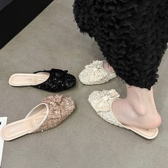包頭半拖鞋女夏外穿2025年新款圓頭懶人蝴蝶結亮片平底涼拖鞋