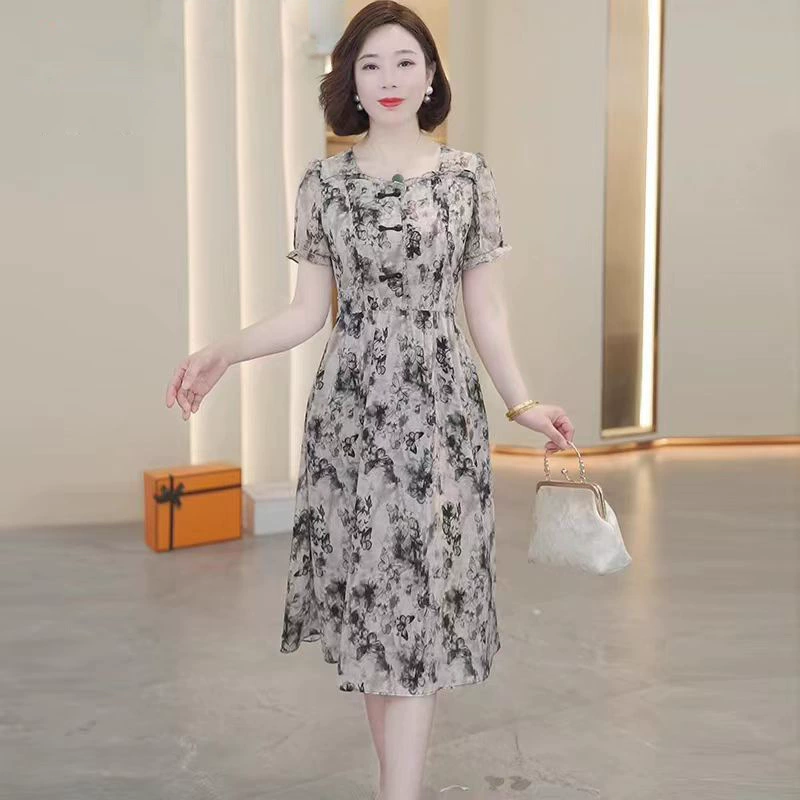 Летнее платье для мамы с короткими рукавами, тонкое летнее платье для женщин среднего и пожилого возраста, новый стиль, модная шифоновая юбка средней длины