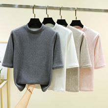 秋冬德绒半高领七分袖T恤女内搭中袖打底衫加绒加绒立领保暖上衣