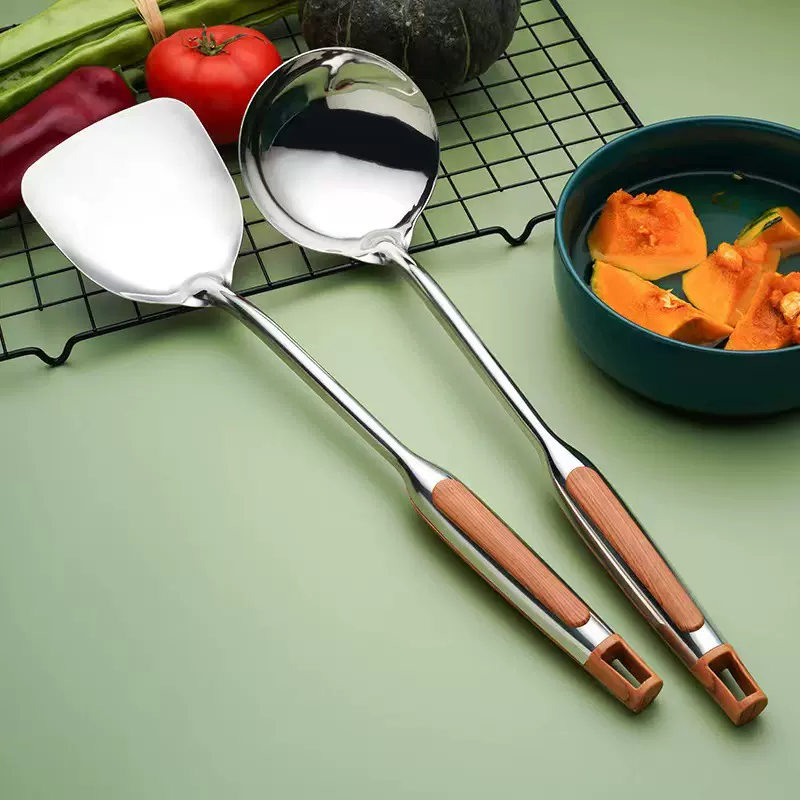 不锈钢长柄锅勺汤勺 家用厨房木柄烹饪勺子铲子厨具套装