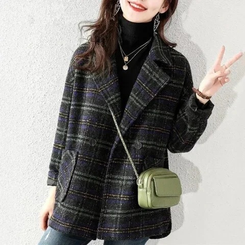 New Plaid Suit Woolen Coat 2024 Autumn and Winter Women's Korean-style Loose Retro Plaid Woolen Coat Mid-length