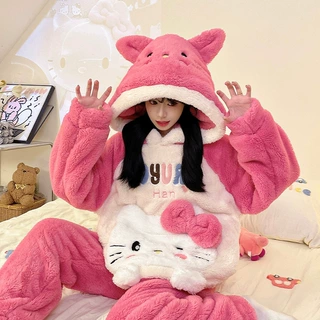 秋冬季加厚珊瑚绒睡衣女士可爱卡通kitty猫连帽学生家居服两件套