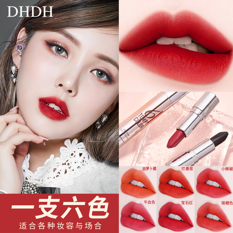 DHDH Elk Light Luxury Magic 6 colores un lápiz labial de seis colores doble tubo de niebla mate no es fácil de quitar el maquillaje