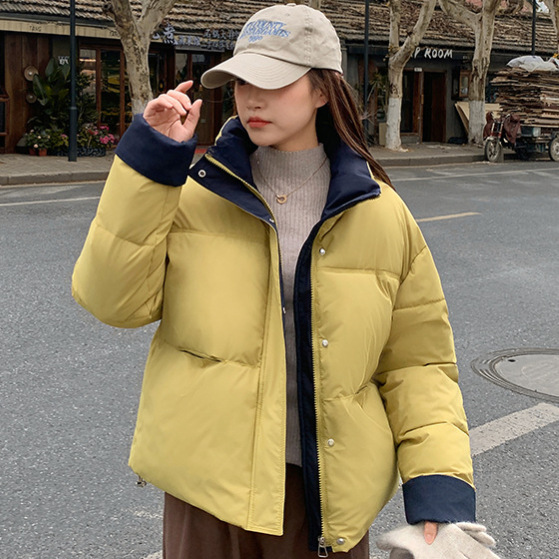 欧货立领撞色拼接棉服女短款冬季2025新款小个子宽松时尚面包外套|undefined