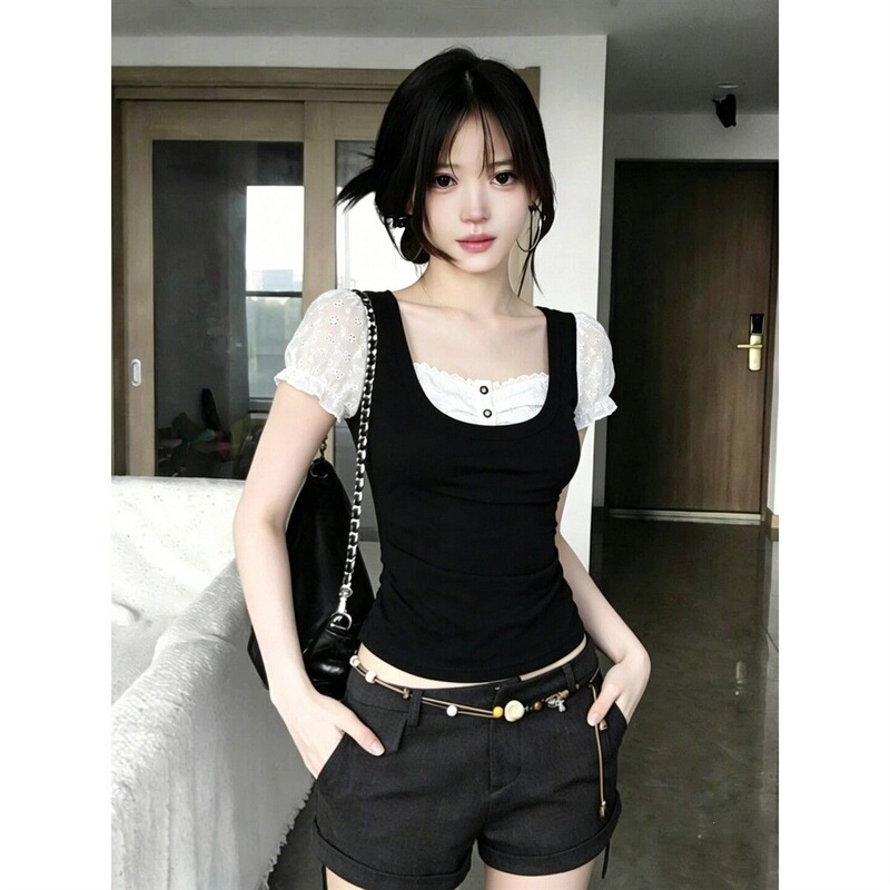 【210G40 Count Pure Cotton】 Lace Fake Two-Piece Puff Short-Sleeve T-Shirt for Women, Slim-Fit Top with Black Flying Sleeve Design