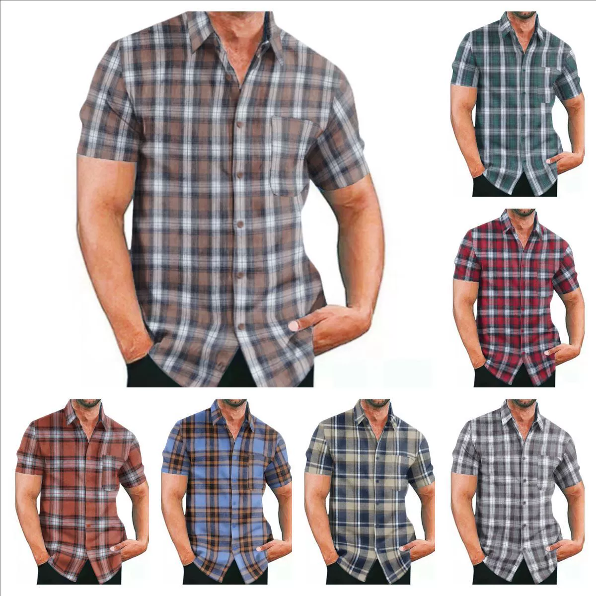 Цветная клетчатая мужская рубашка 2024 новый wish рубашка с короткими рукавами кардиган Европейская станция Amazon AliExpress европейский код спот