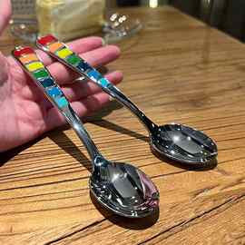 家用不锈钢勺子七彩尖勺轻奢高颜值吃饭勺子餐厅甜品勺儿童饭勺