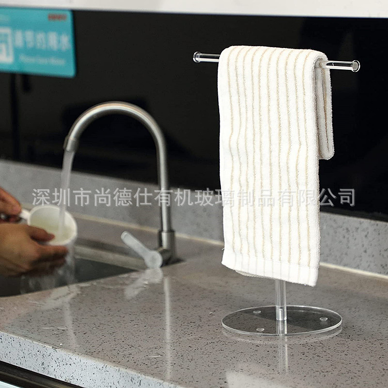 Transparente acrílico moderno toallero en forma de T vertical estante de la encimera con base de equilibrio adecuado para baño cocina hogar