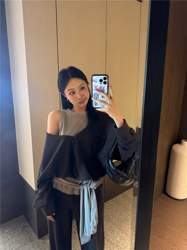 秋季套装女装爱心镂空绑带背心慵懒V领卫衣上衣直筒阔腿休闲裤子|undefined
