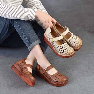 With a summer new hollow women's sandals beef tendon soft bottom breathable shoes ethnic style retro thick bottom hole shoes women
