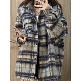 美式复古小香风毛呢外套女小众高级翻领开衫按压纽扣秋冬保暖外套