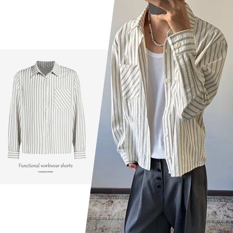 【Csmy】Manuscript Striped Seersucker Shirt Casual Regular Shoulder Long-Sleeve Shirt Vintage Striped Top