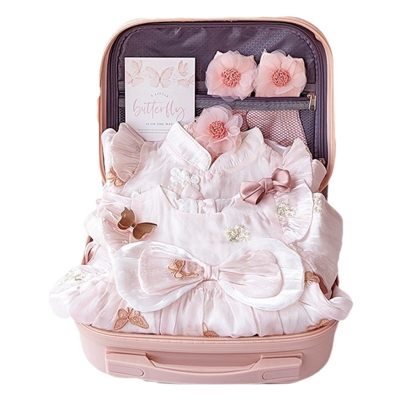 Caja de regalo de bebé conjunto de color rosa ropa recién nacida pequeña princesa niña bebé falda de mariposa mampara regalo lindo