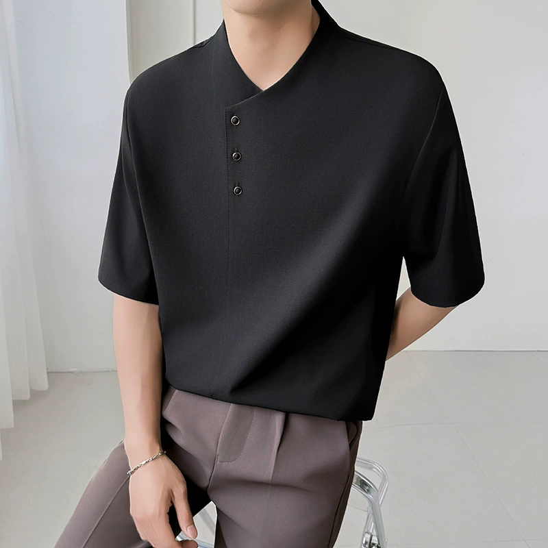 Новая мужская одежда в стиле шинуазри Yixuanxuan, 2025, высококачественная рубашка без воротника со средними рукавами, модная рубашка из ледяного шелка большого размера