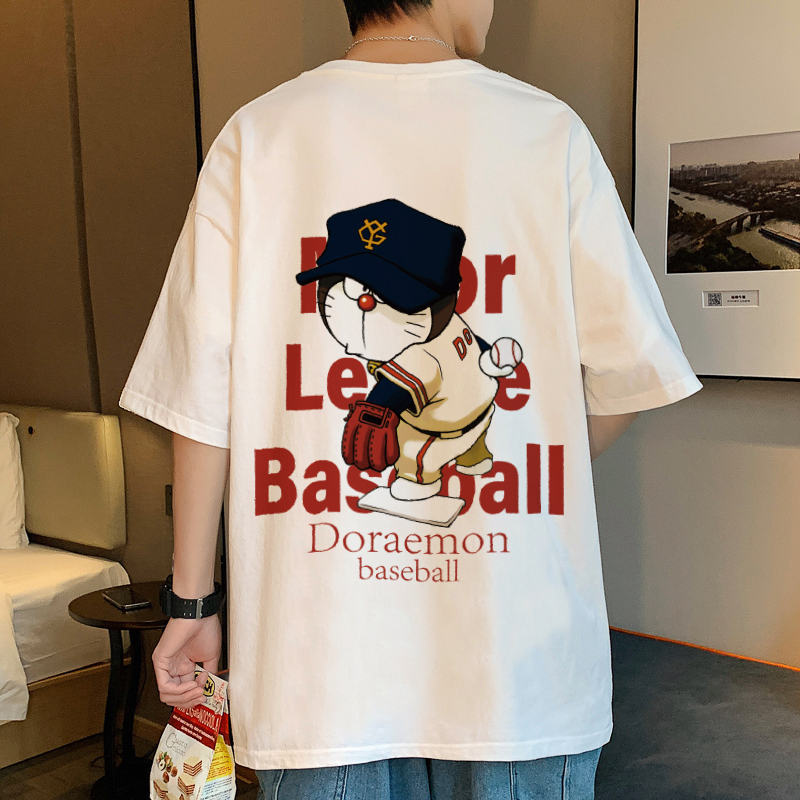 Summer Short-sleeved T-shirt Men's Ins Trendy Doraemon Couple Clothing Hong Kong-style Loose Top Clothes Trendy Brand Half-sleeved T-shirt