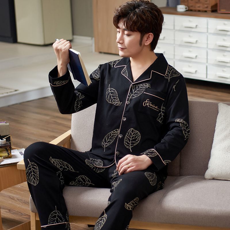 Cardigan pijamas de los hombres 100% algodón primavera y otoño se pueden usar fuera traje de manga larga invierno papá joven y de mediana edad ropa para el hogar