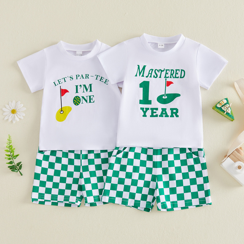 European and American Children's Sports Summer New Style First Birthday Golf Print Short-Sleeve T-Shirt + Checkerboard Shorts Two-Piece Set