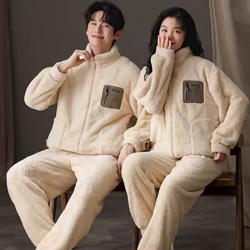 Coral veludo abrigo pareja pijama de invierno engrosado y veludo nuevo conjunto de ropa de hogar