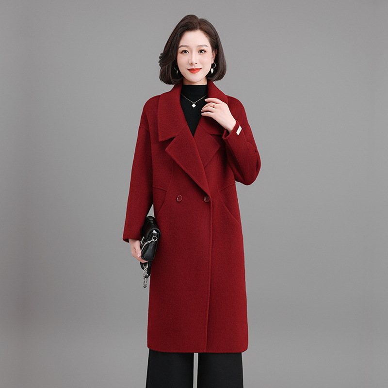 双面羊毛大衣女装加长款新款中年妈妈气质羊驼绒宽松落肩毛呢外套