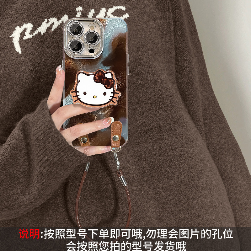 适用苹果16复古手机壳iphone14pro纹kt猫支架挂绳13高级感15max女|undefined