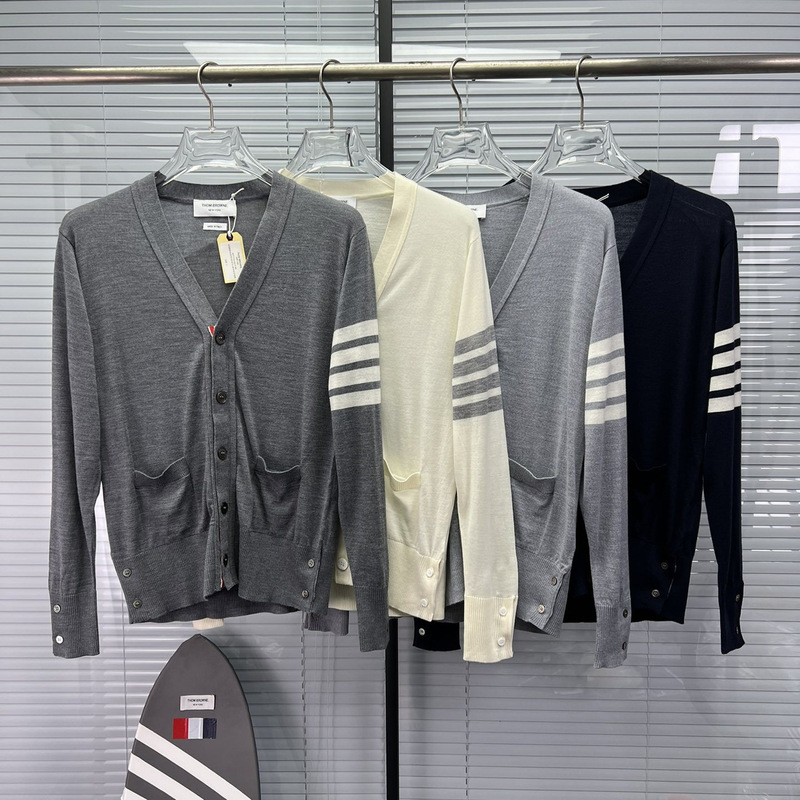 High Version Tb New Knitted Four-Bar Stripesd Wool V-Neck Men's and Women's High-End Versatile Cardigan Jacket