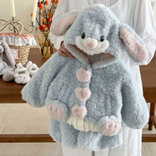 女童套装冬25新款儿童加厚兔耳朵毛毛外套女宝冬装保暖花苞裤套装