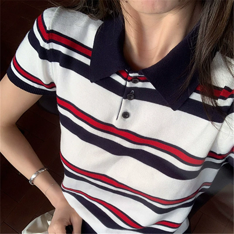 Новая вязаная полосатая футболка-поло с коротким рукавом для женщин, с обычным вырезом на плечах и отложным воротником, короткий топ для женщин.