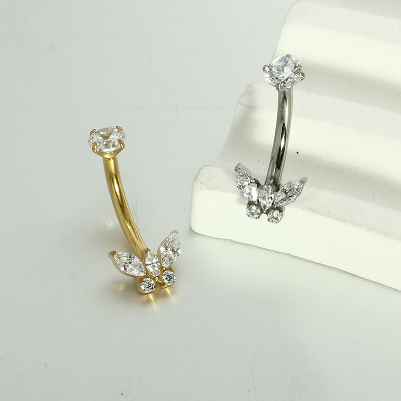 G23 Titanium Navel Piercing with Internal Prong-Set Marquise CZ Curved Bar 14G Belly Ring Jewelry detail image 10