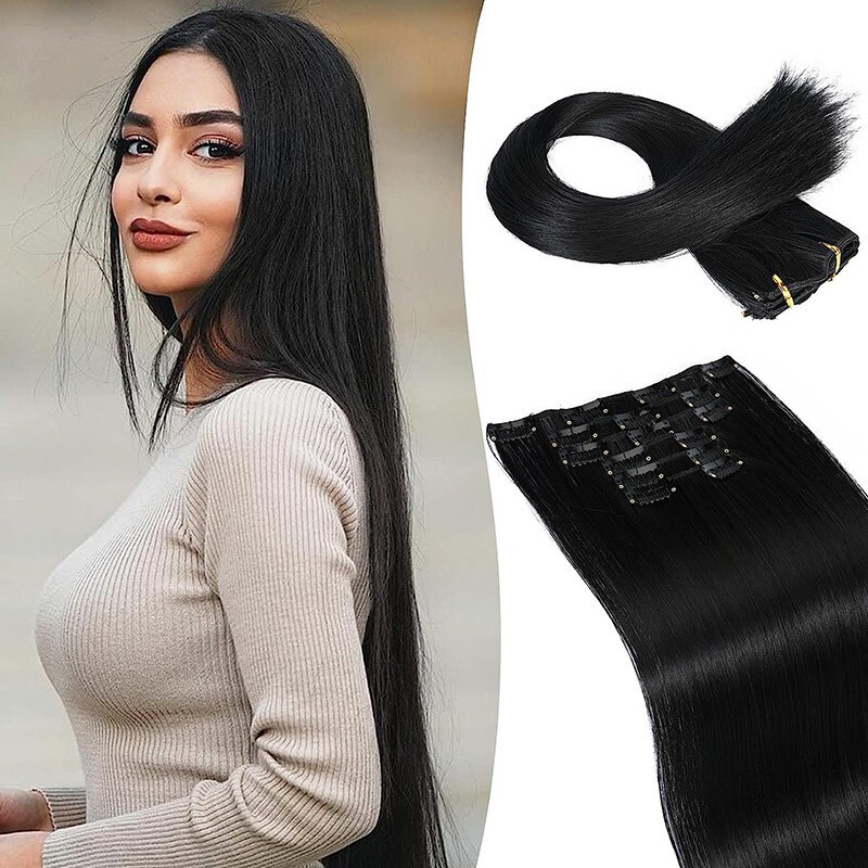 Wig Piece 6-Piece Clip-On Hair Extension Synthesis 24inch Extended Long Straight Hair Extension Clip Hair for Women