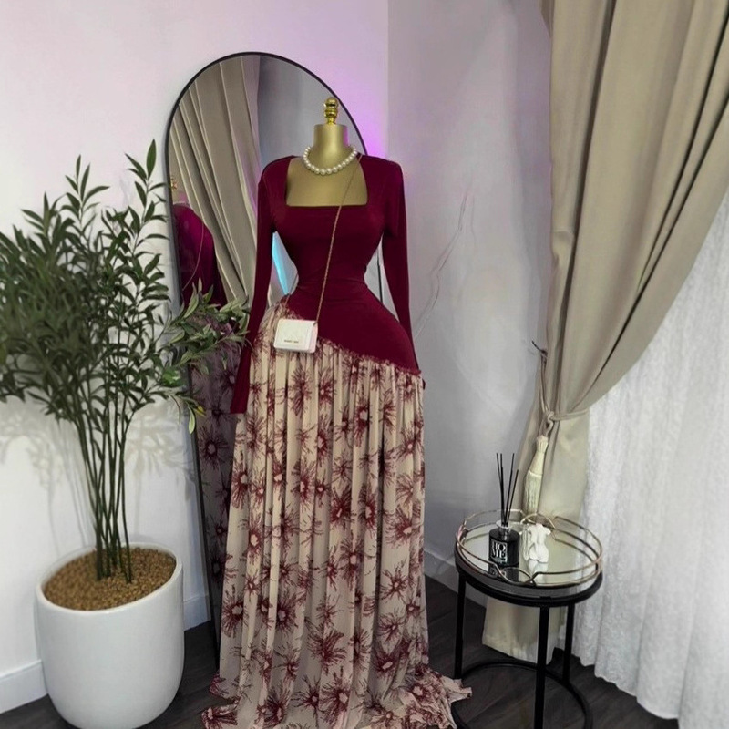 In-Stock 2026 European and American Style Long-Sleeve Ruffled Dress with Elegant High Elasticity, Sweet Floral Print, Square Neck, and Belt In-Stock 2026 European and American Style Long-Sleeve Ruffled Dress with Elegant High Elasticity, Sweet Floral Print, Square Neck, and Belt