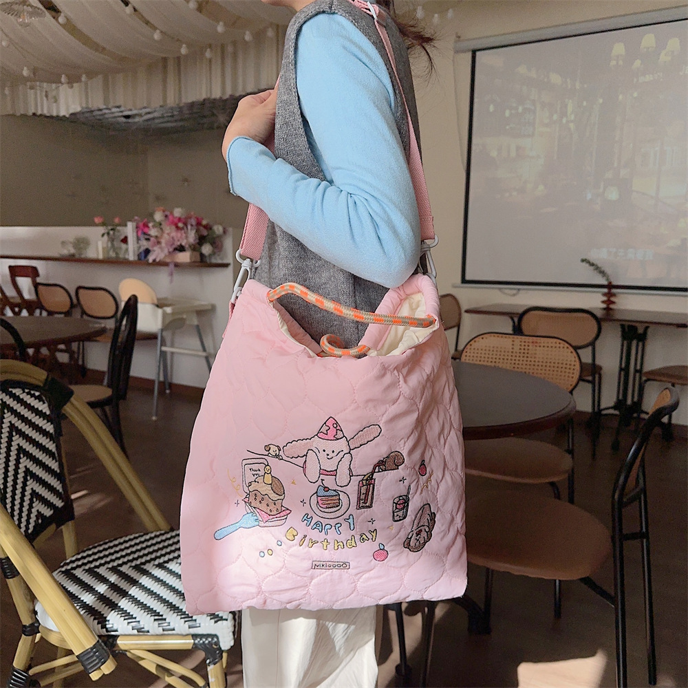 31223 Quilted soft crossbody bag, large capacity hand-held shoulder bag, cartoon embroidered little rabbit student handbag undefined
