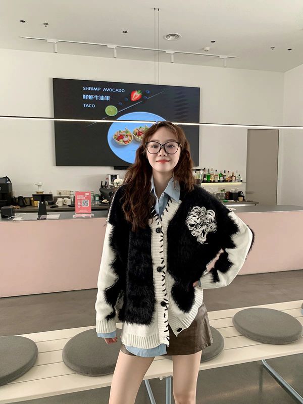 欧美风重工爱心刺绣开衫毛衣女2025秋冬新款宽松慵懒风针织外套厚|undefined