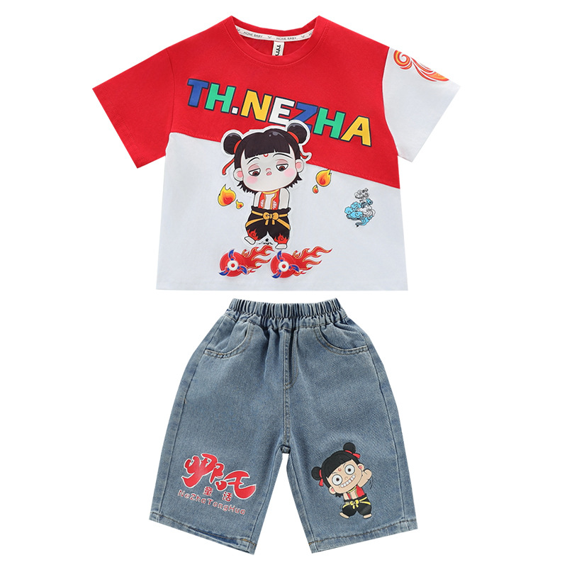 7853 Ropa de manga corta de color de contraste guapo para niños Traje de verano Camiseta de manga de cinco puntos para niños pequeños y medianos Traje de dos piezas Color de contraste