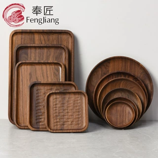 批发logo日式整木点心盘黑胡桃木碟子寿司盘圆形迷你水果盘长方形