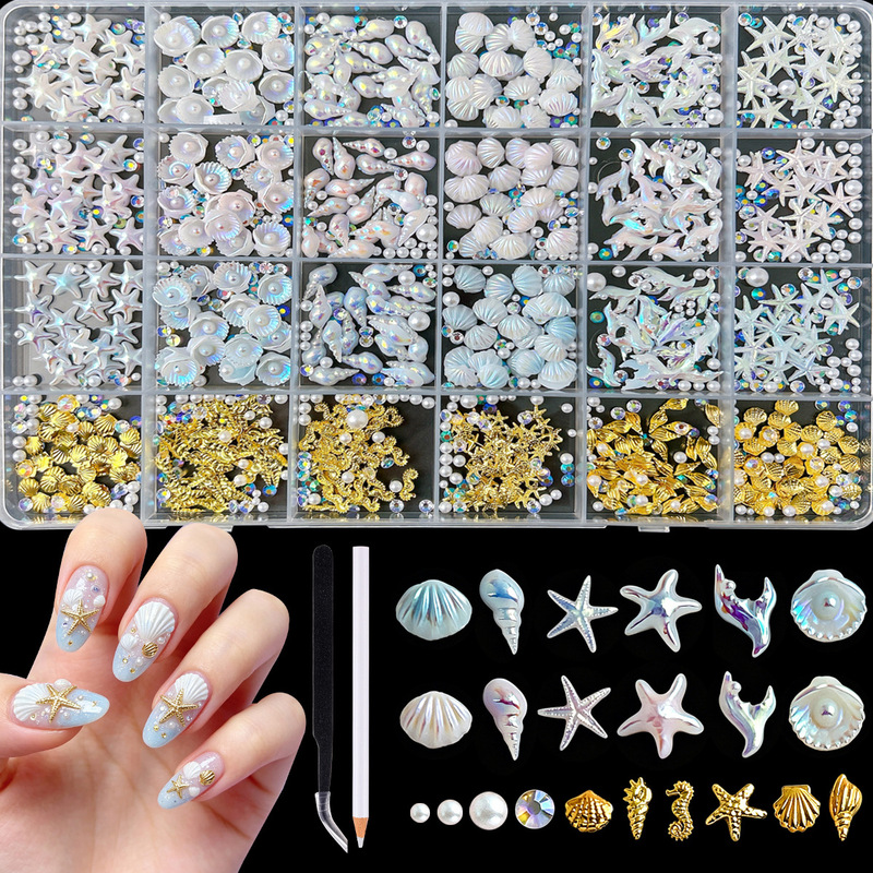 24-Piece Ocean-Themed Nail Art Decoration Set, Mixed Colorful Shells, Starfish, and Pearls DIY Nail Rhinestone Accessories 24-Piece Ocean-Themed Nail Art Decoration Set, Mixed Colorful Shells, Starfish, and Pearls DIY Nail Rhinestone Accessories