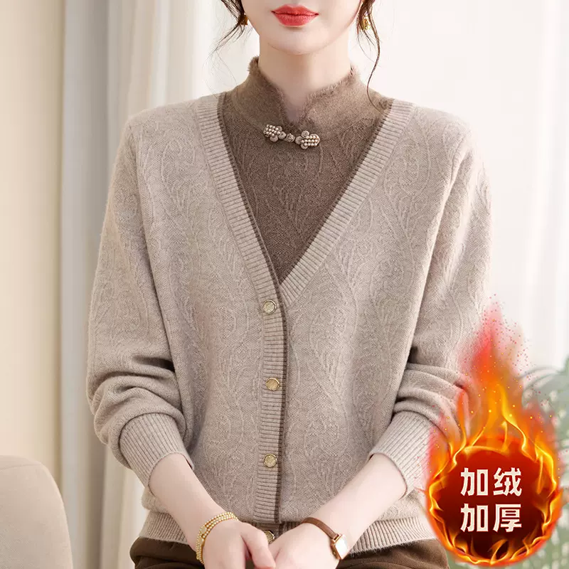 2025年新款一体绒保暖假两件女装中老年妈妈装秋冬加绒加厚毛衣