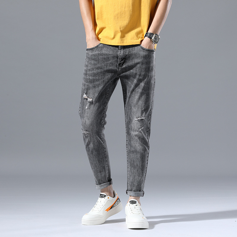 Men's Ripped All-match Grey Denim Pants 2022 Spring Youth Fashion Single-item Leg Jeans