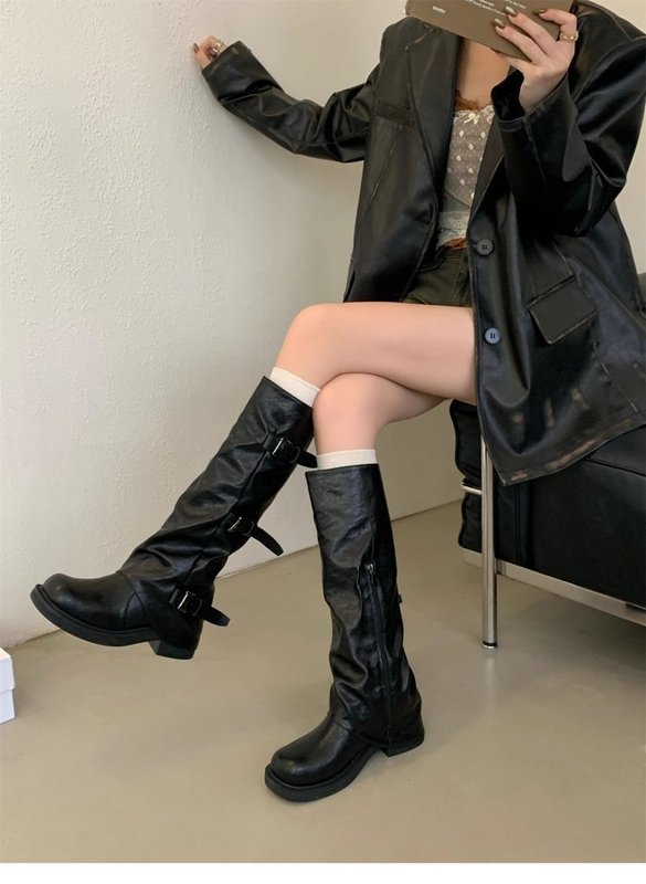 皮带扣厚底裤管靴女秋冬小众设计烟筒靴褶皱中筒堆堆靴粗跟高筒靴|undefined