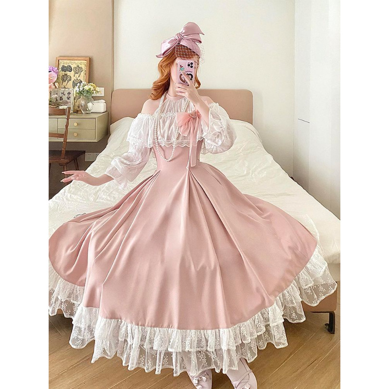 Pink Dreamy Bowknot Clear and Elegant Off-Shoulder Lolita Lace Patchwork Dress
